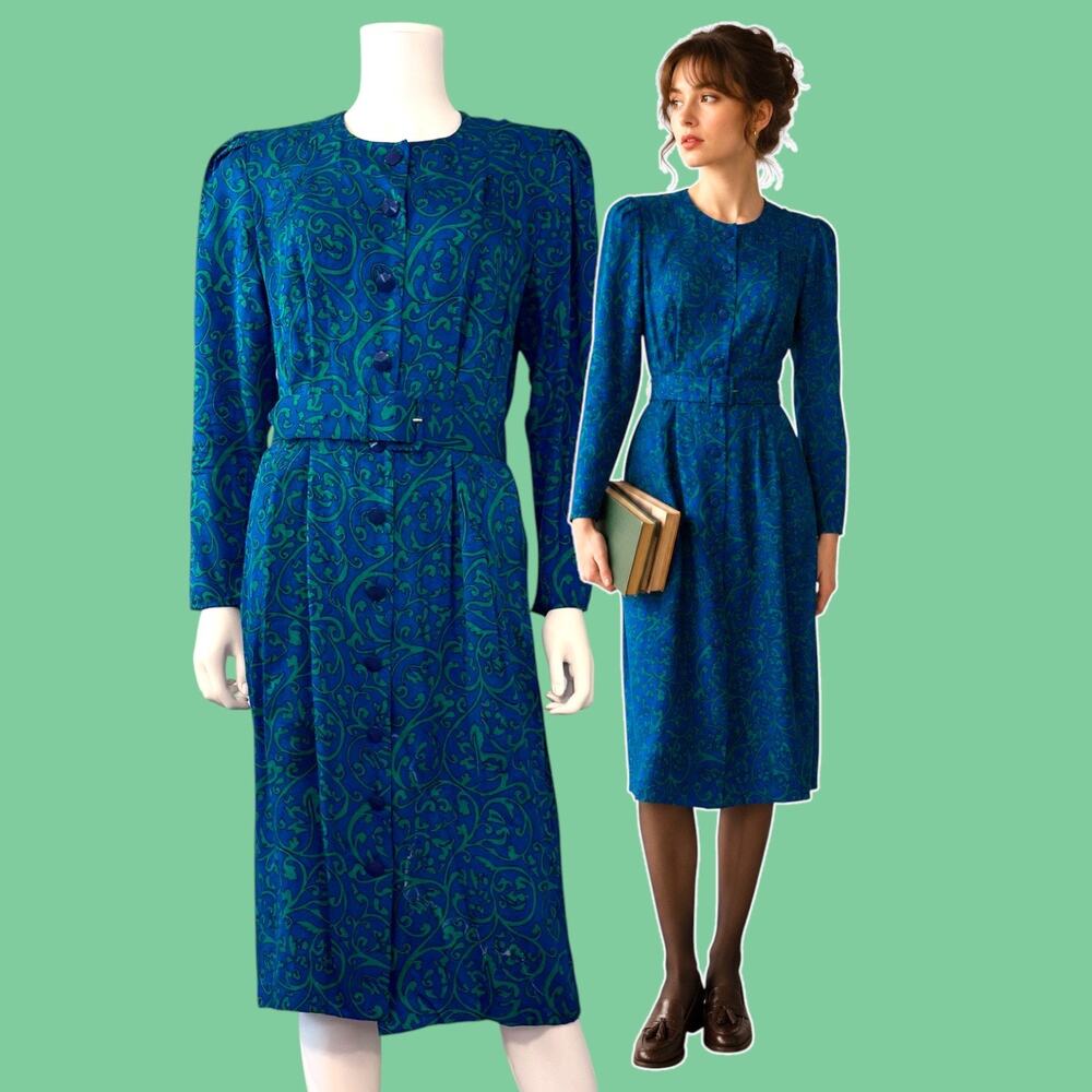 Vtg 80s Adrianna Papéll 100% Silk Button Front Dress w/ Belt Size 12 Blue Green